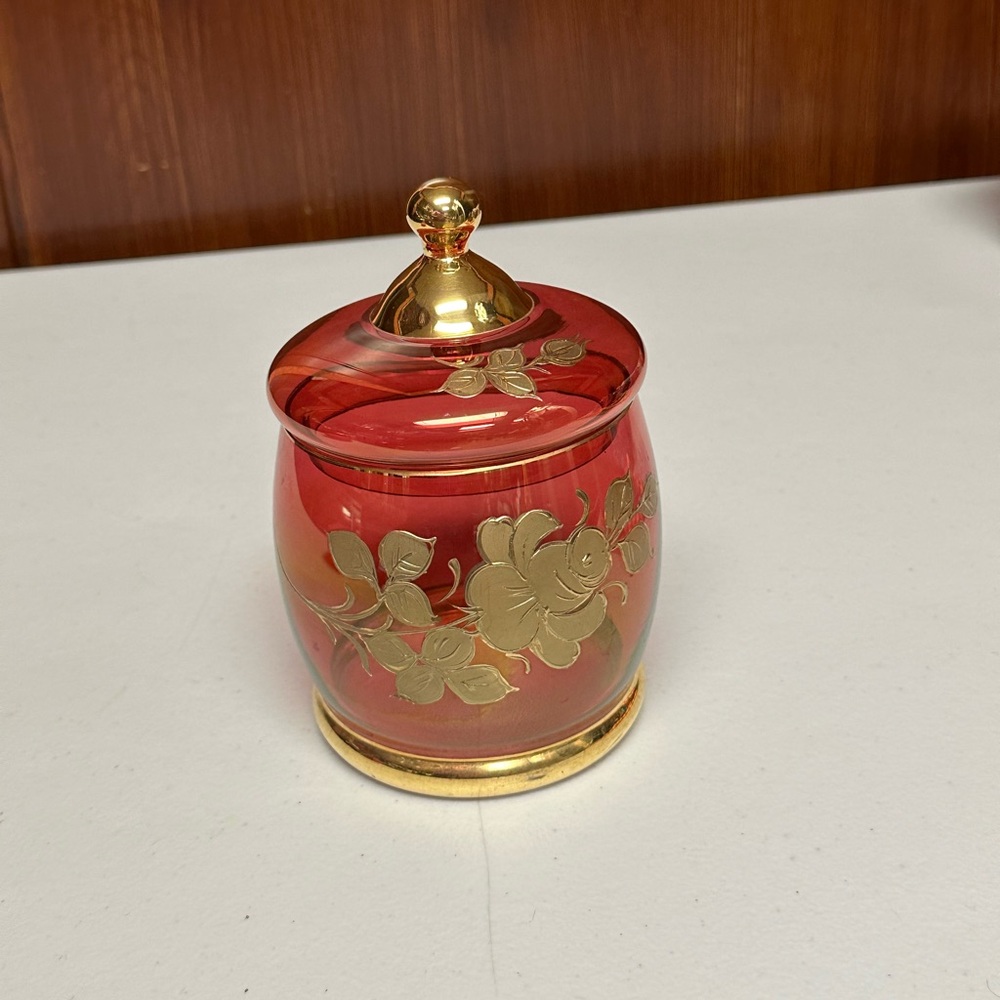 Vintage Cranberry Glass Lidded Vanity accessary with gold flowers design